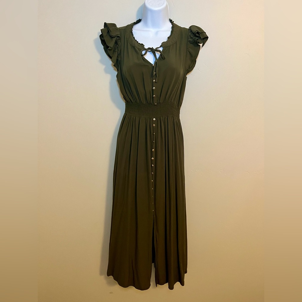 Olive green sleeveless midi summer dress with gold buttons. Size petite medium.
